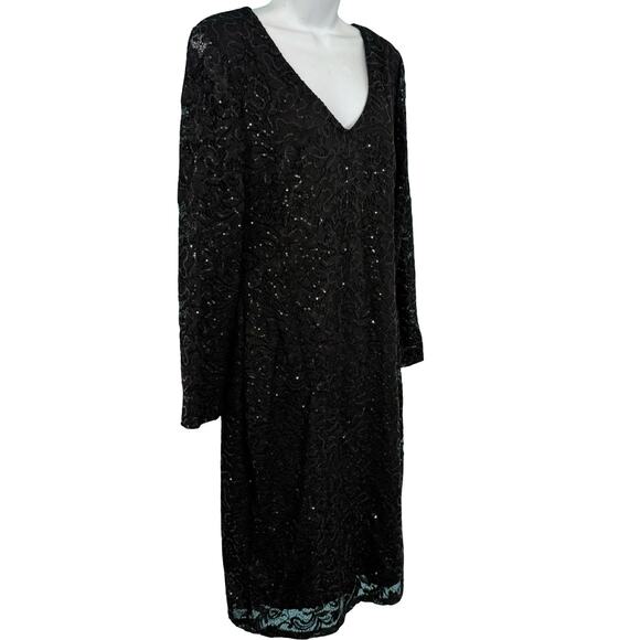 Marina Black Sequin Sheer Long Sleeve V-Neck Low Back Dress size 14 NEW Tags - Picture 8 of 12